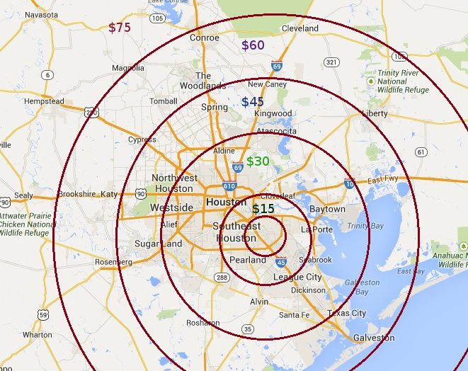 map of travel zones.. hover to see costs